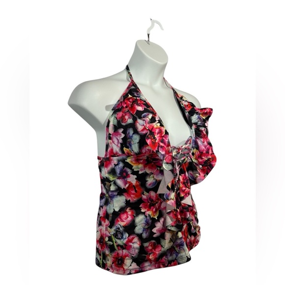 Aqua La Vie En Rose, Floral Halter Tankini Top, Size XL, Black, Pink - Picture 6 of 9